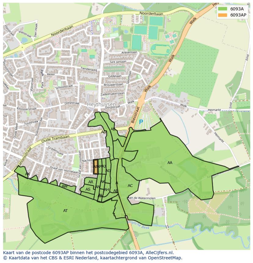 Afbeelding van het postcodegebied 6093 AP op de kaart.