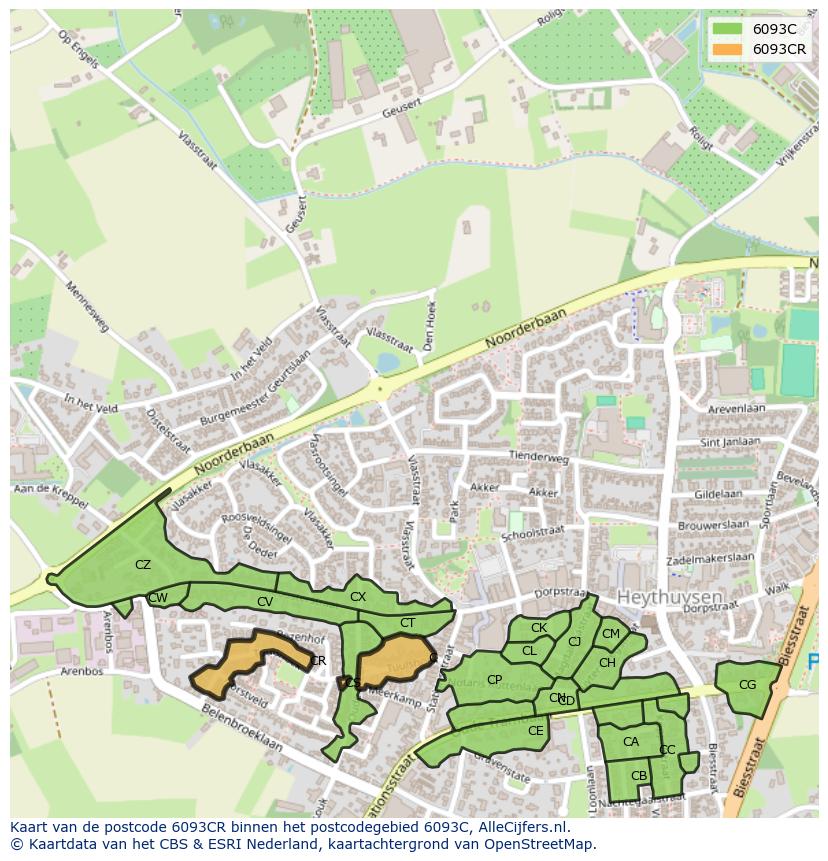 Afbeelding van het postcodegebied 6093 CR op de kaart.
