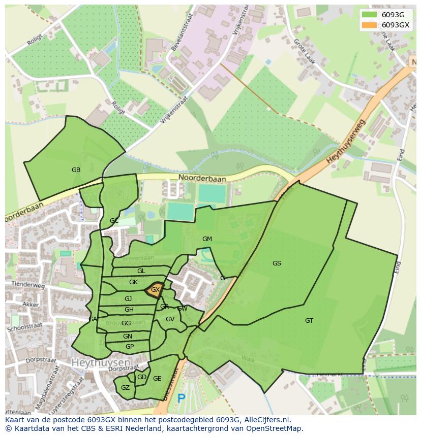 Afbeelding van het postcodegebied 6093 GX op de kaart.