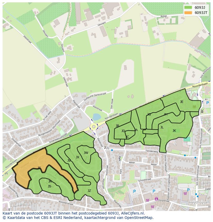 Afbeelding van het postcodegebied 6093 JT op de kaart.
