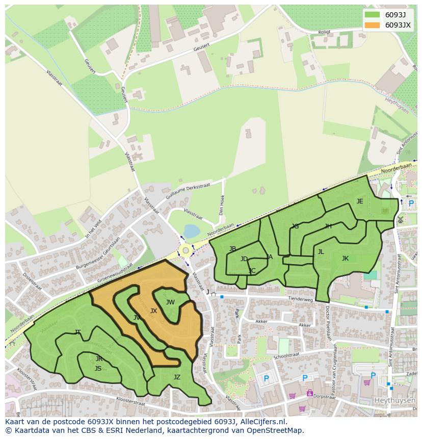Afbeelding van het postcodegebied 6093 JX op de kaart.