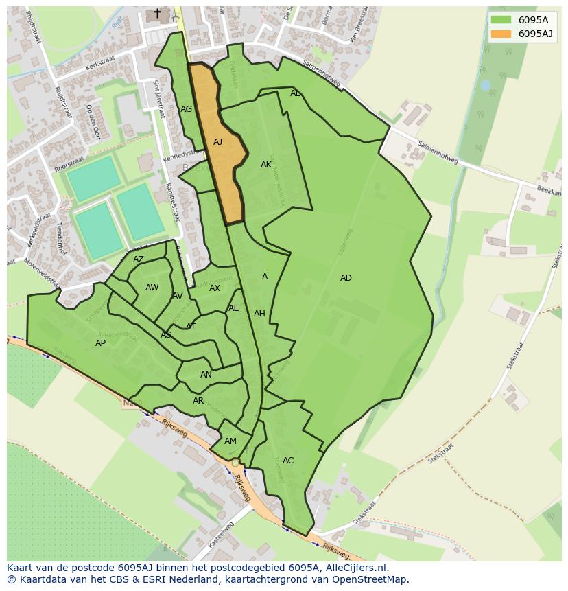 Afbeelding van het postcodegebied 6095 AJ op de kaart.