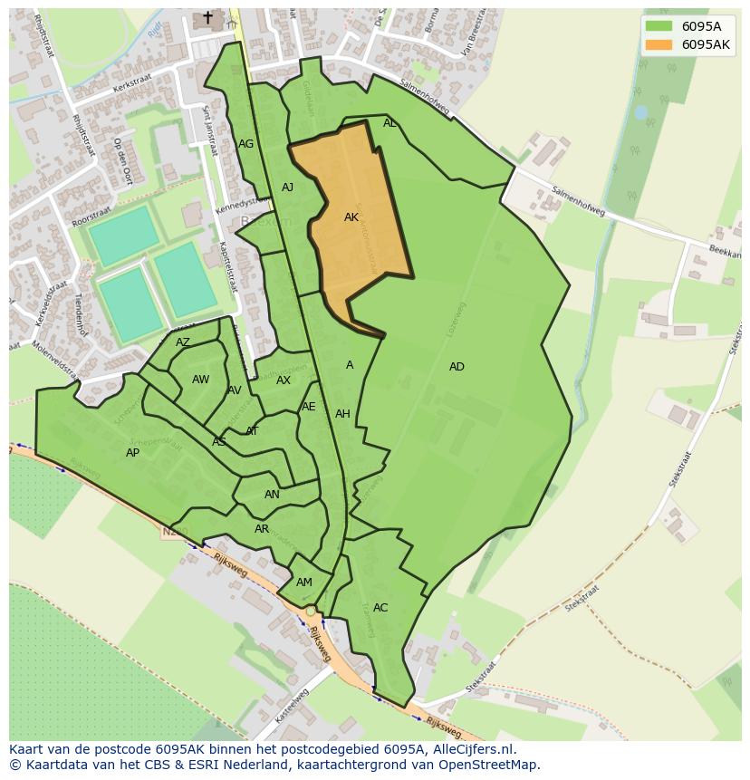 Afbeelding van het postcodegebied 6095 AK op de kaart.