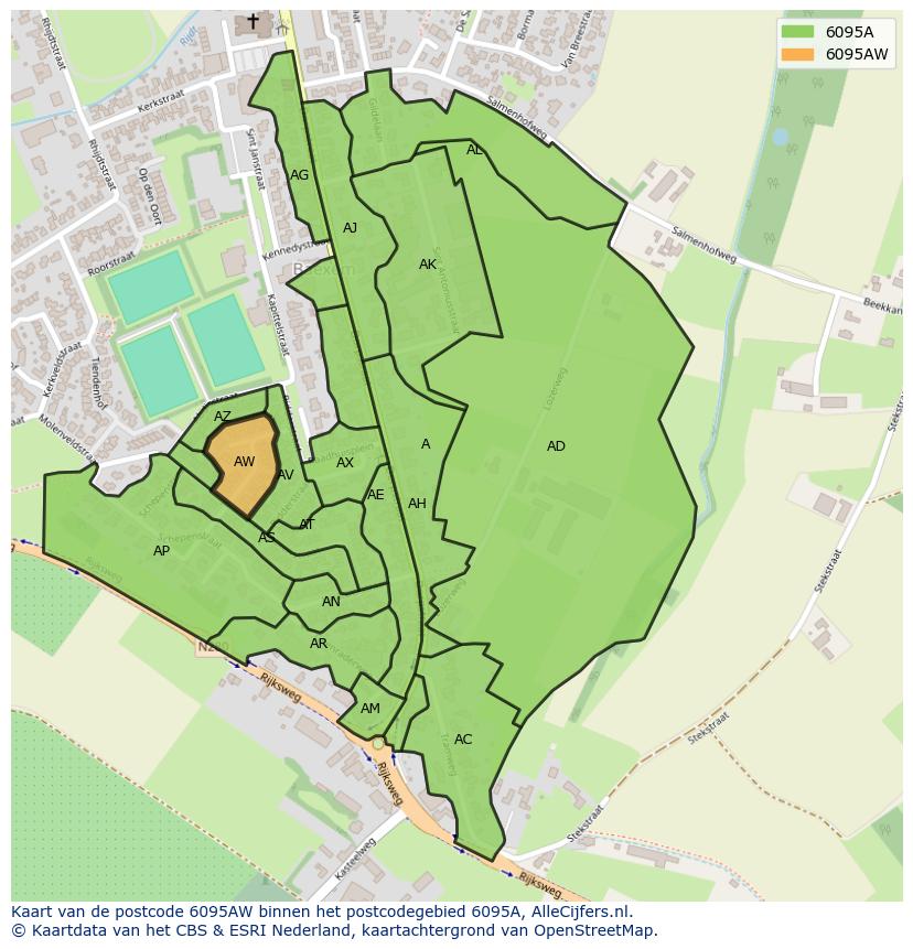 Afbeelding van het postcodegebied 6095 AW op de kaart.
