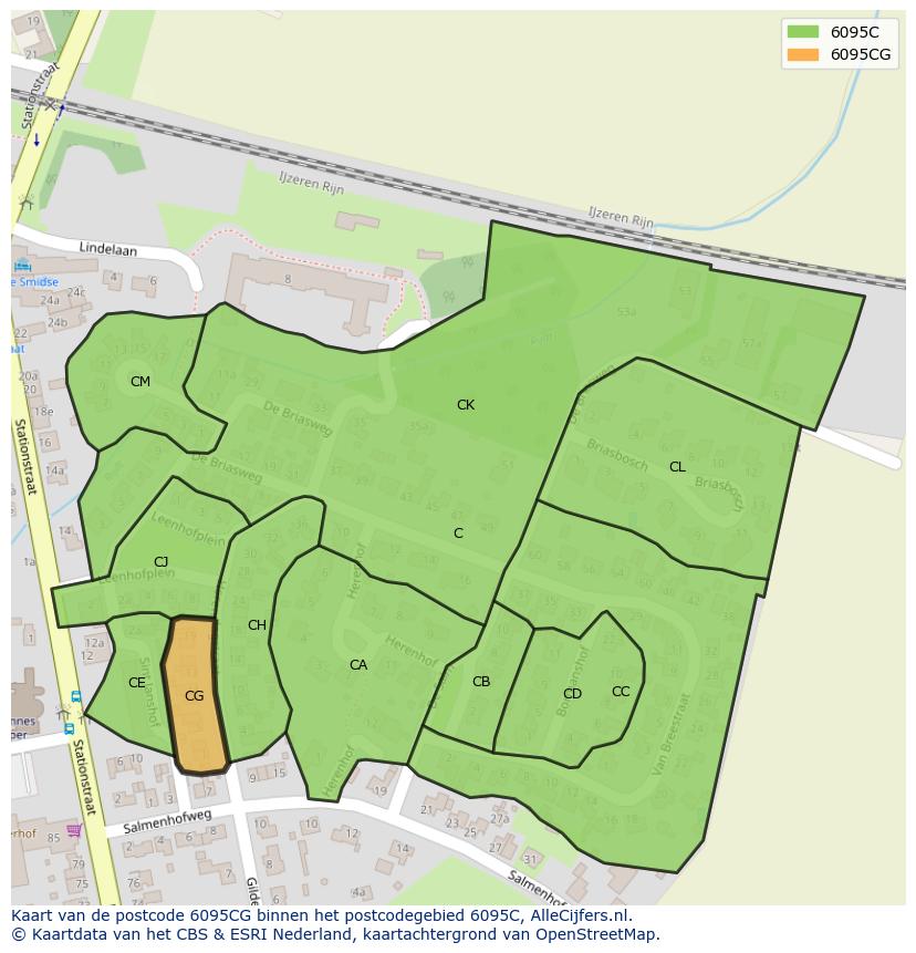 Afbeelding van het postcodegebied 6095 CG op de kaart.