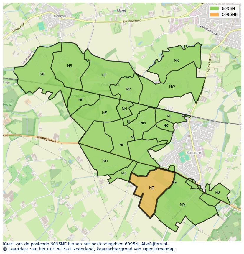 Afbeelding van het postcodegebied 6095 NE op de kaart.