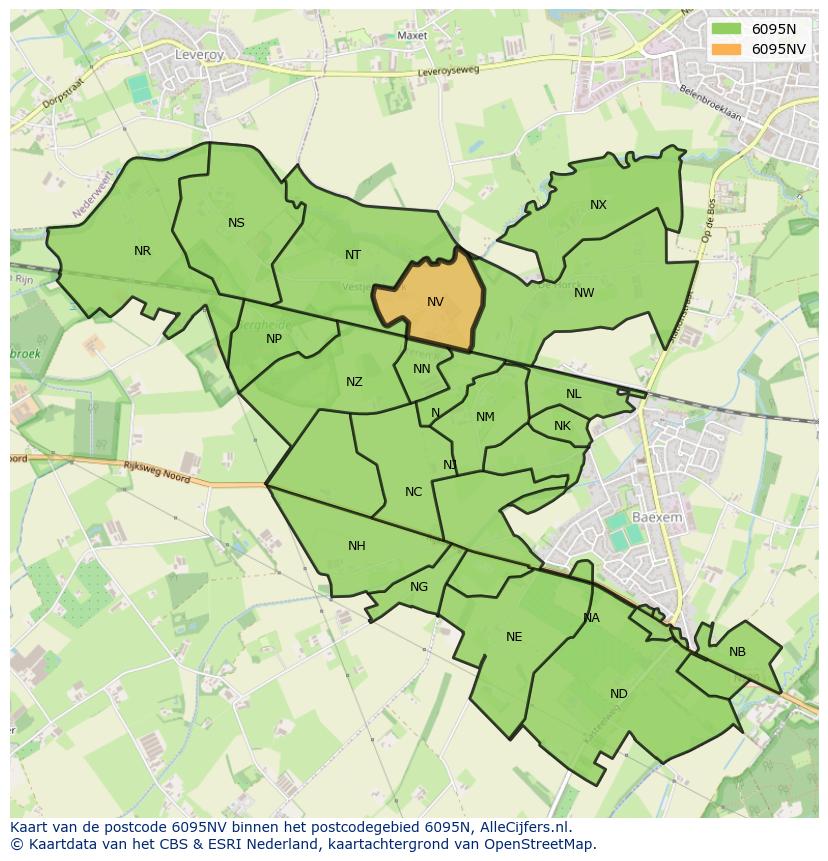 Afbeelding van het postcodegebied 6095 NV op de kaart.