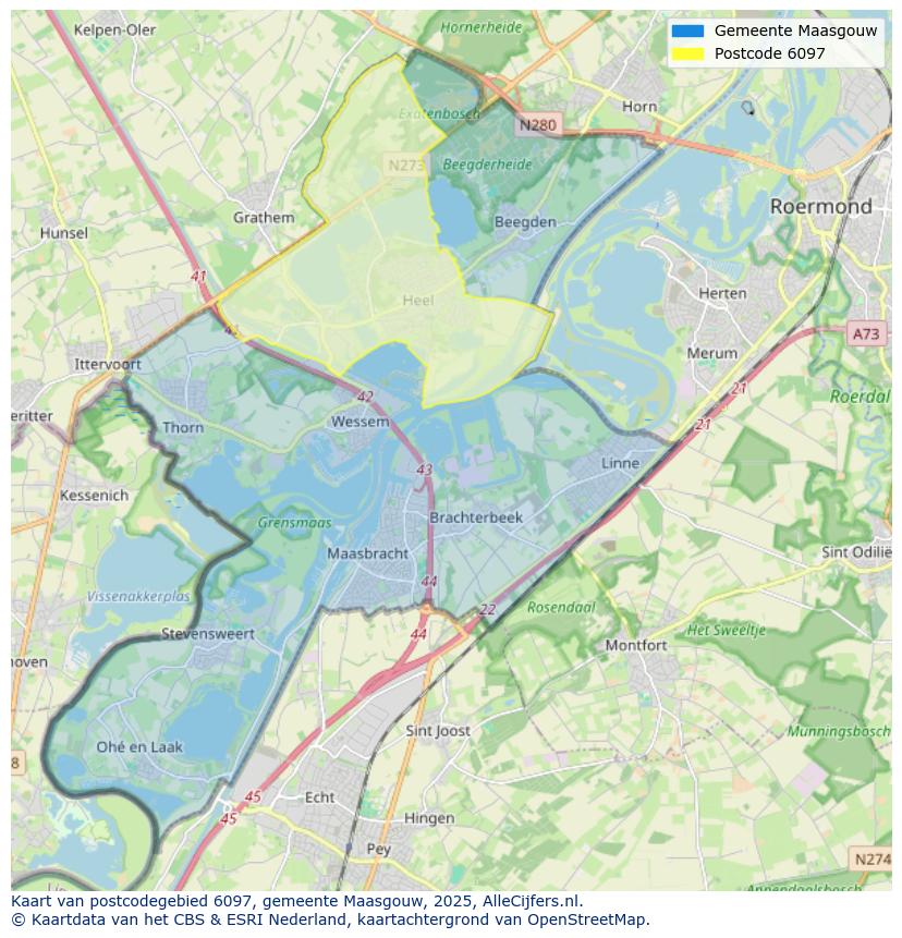 Afbeelding van het postcodegebied 6097 op de kaart.