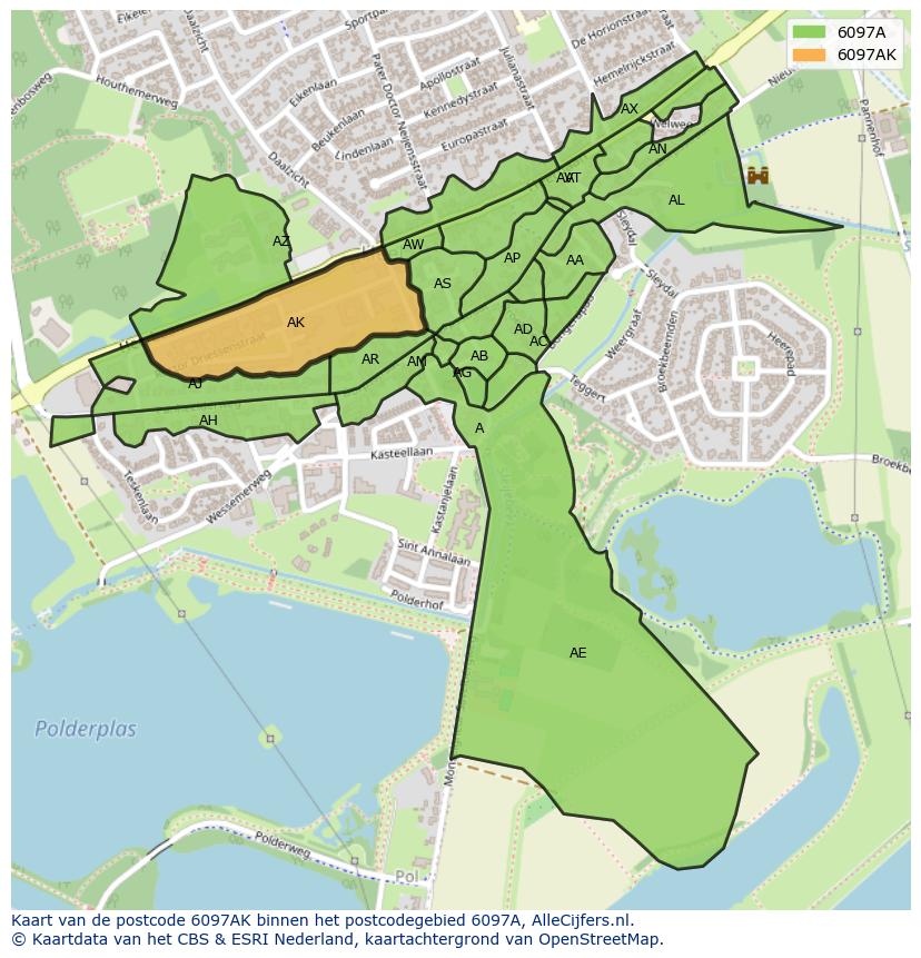 Afbeelding van het postcodegebied 6097 AK op de kaart.