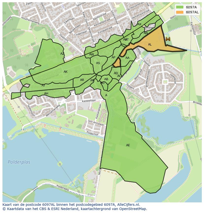 Afbeelding van het postcodegebied 6097 AL op de kaart.