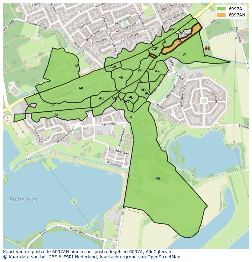 Afbeelding van het postcodegebied 6097 AN op de kaart.