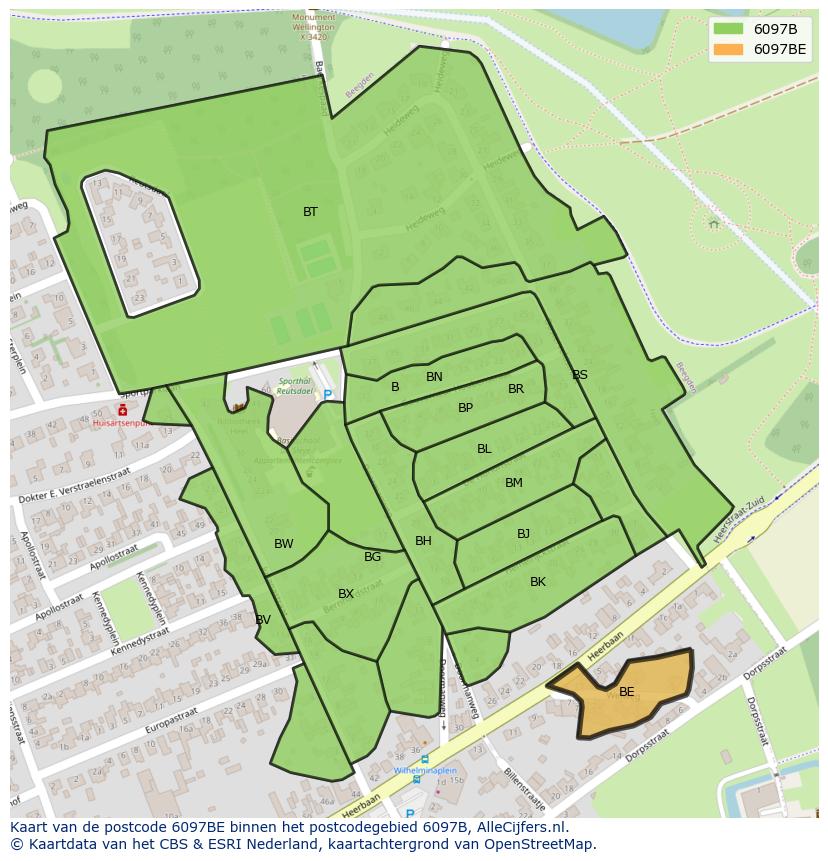 Afbeelding van het postcodegebied 6097 BE op de kaart.
