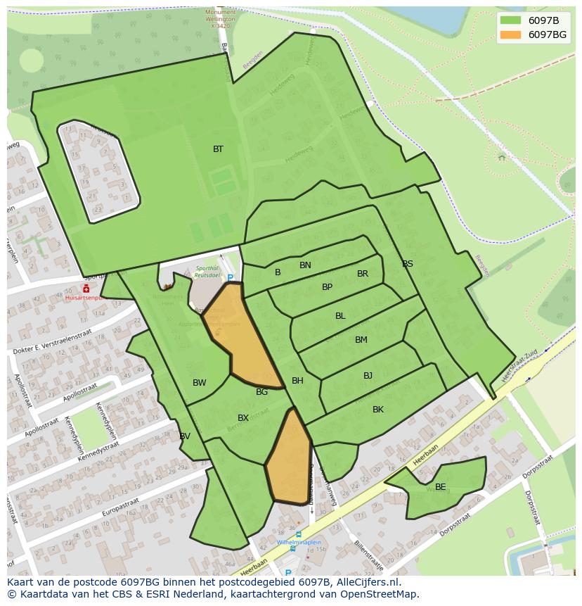 Afbeelding van het postcodegebied 6097 BG op de kaart.