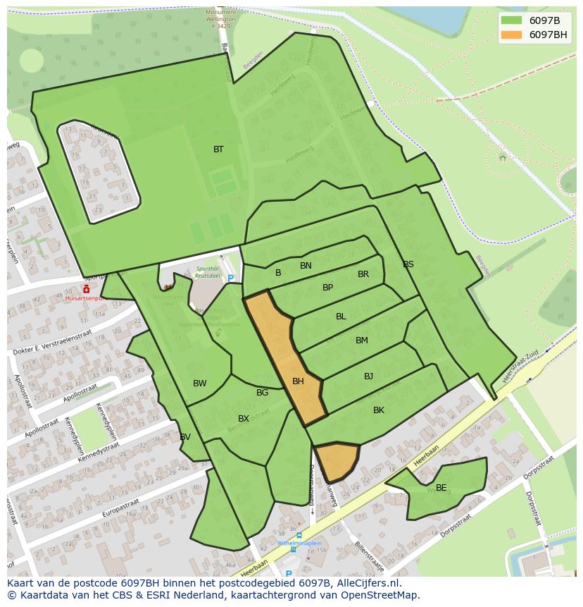 Afbeelding van het postcodegebied 6097 BH op de kaart.