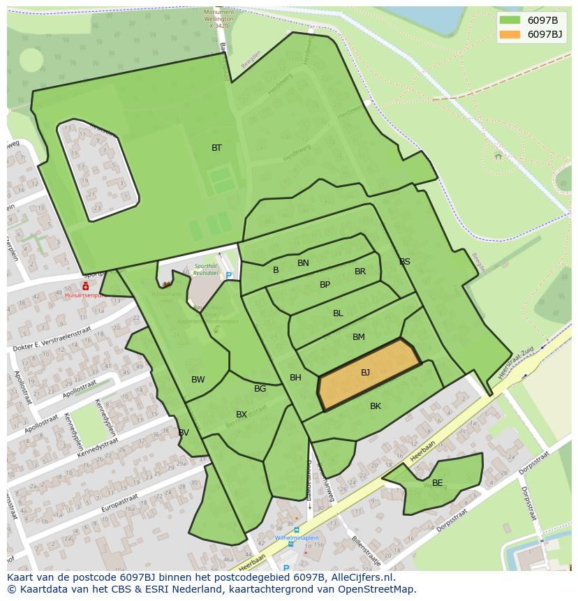 Afbeelding van het postcodegebied 6097 BJ op de kaart.