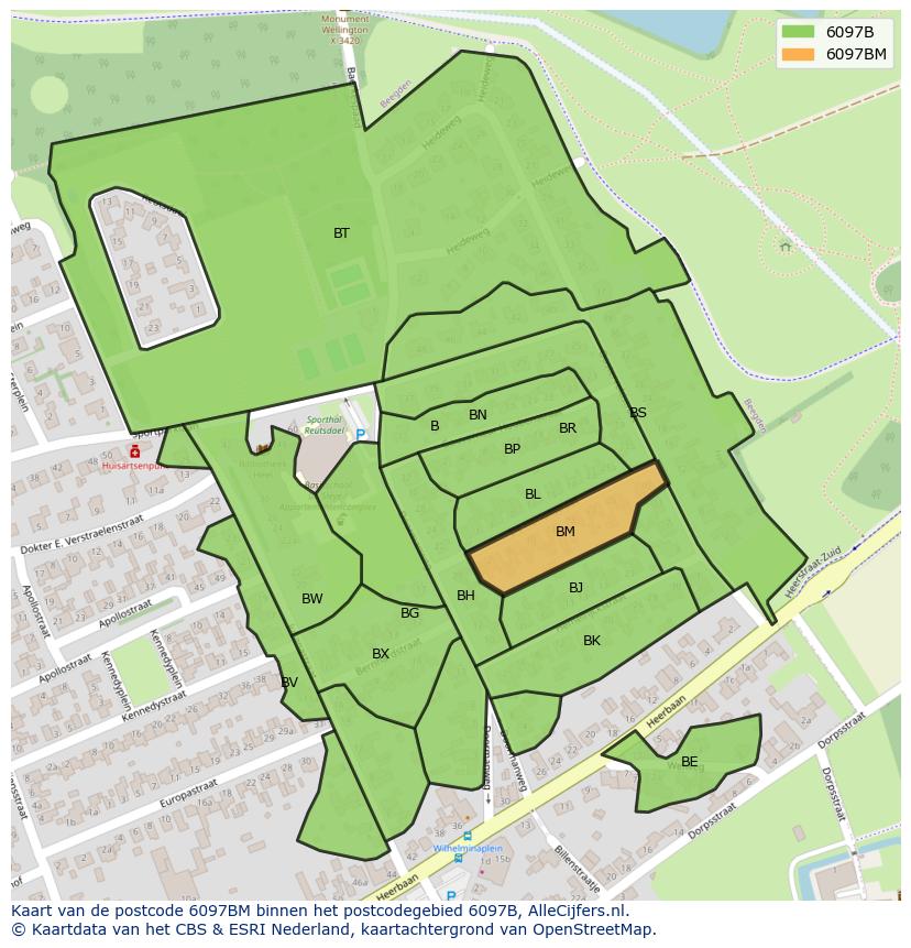 Afbeelding van het postcodegebied 6097 BM op de kaart.