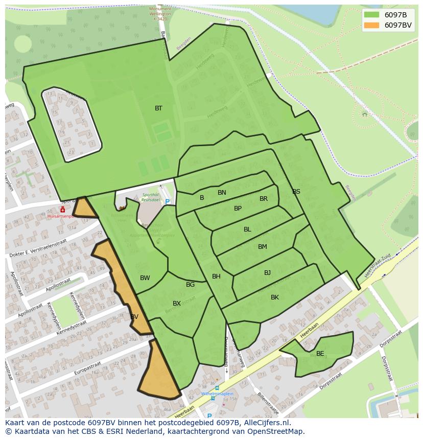 Afbeelding van het postcodegebied 6097 BV op de kaart.