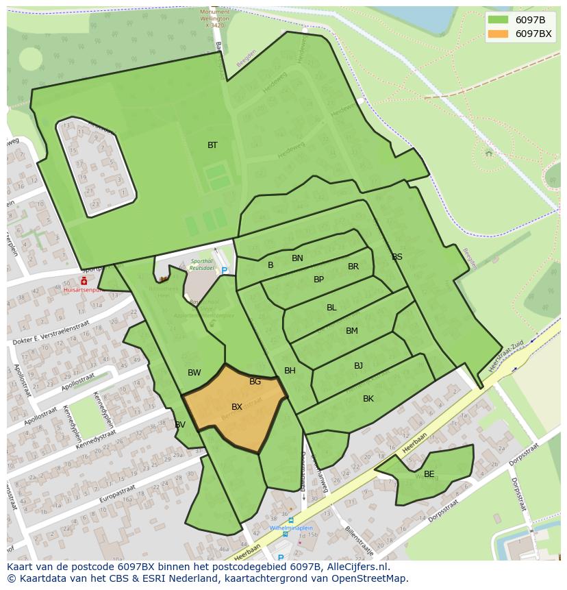 Afbeelding van het postcodegebied 6097 BX op de kaart.