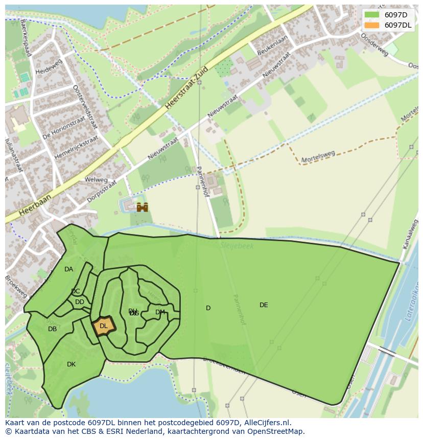 Afbeelding van het postcodegebied 6097 DL op de kaart.