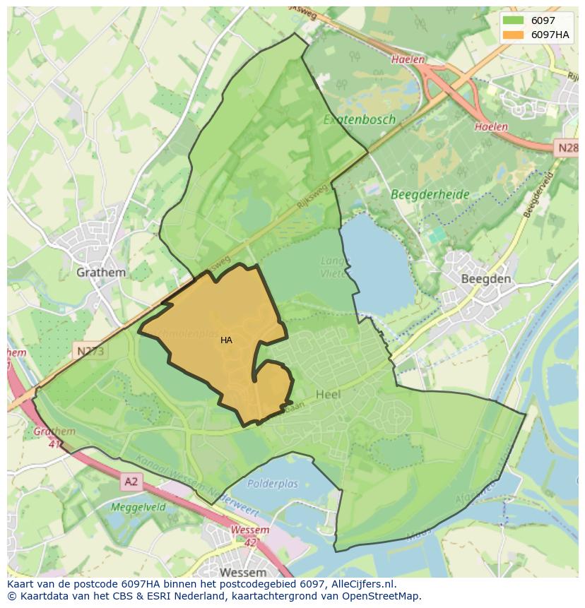Afbeelding van het postcodegebied 6097 HA op de kaart.