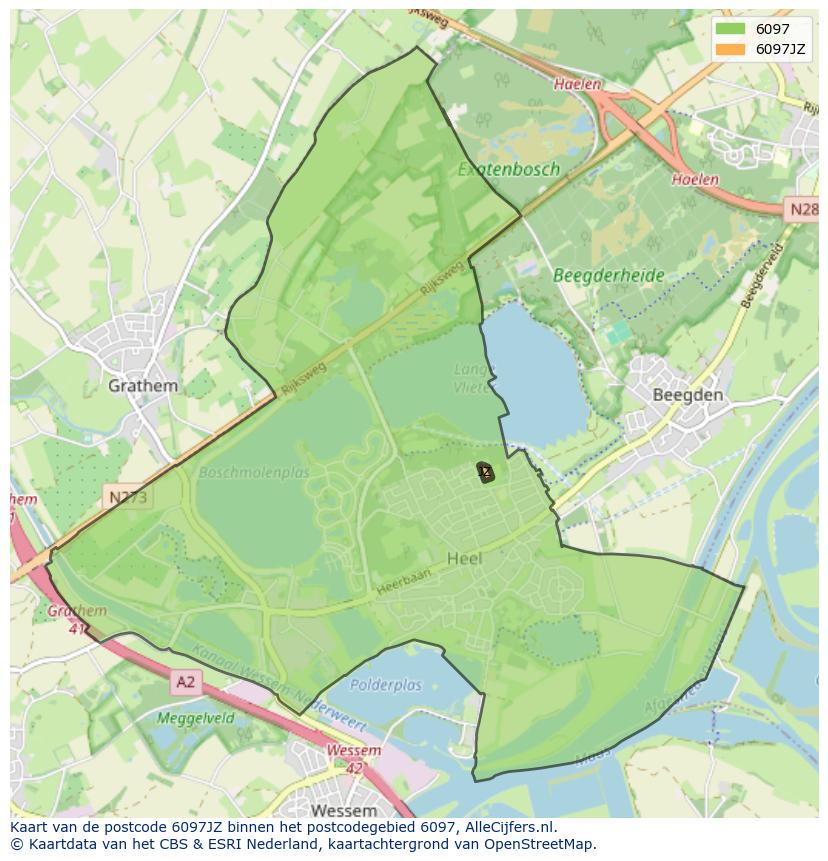 Afbeelding van het postcodegebied 6097 JZ op de kaart.