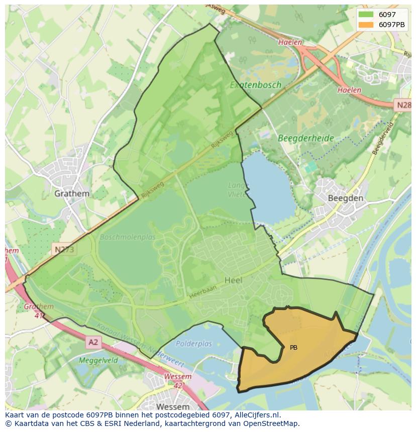 Afbeelding van het postcodegebied 6097 PB op de kaart.