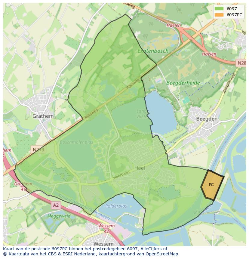 Afbeelding van het postcodegebied 6097 PC op de kaart.