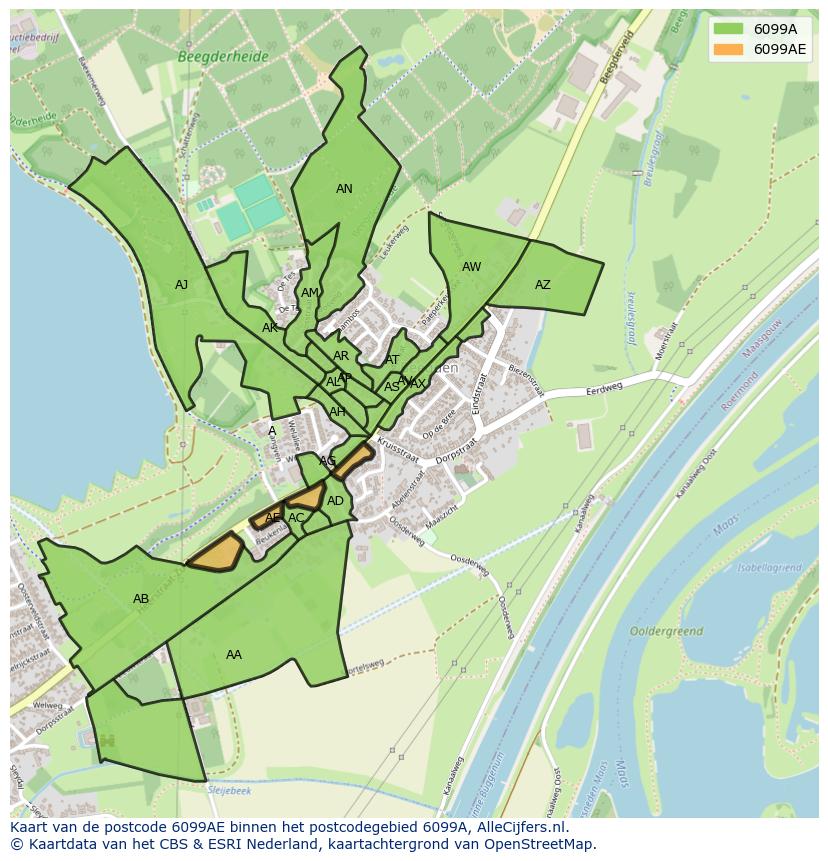 Afbeelding van het postcodegebied 6099 AE op de kaart.