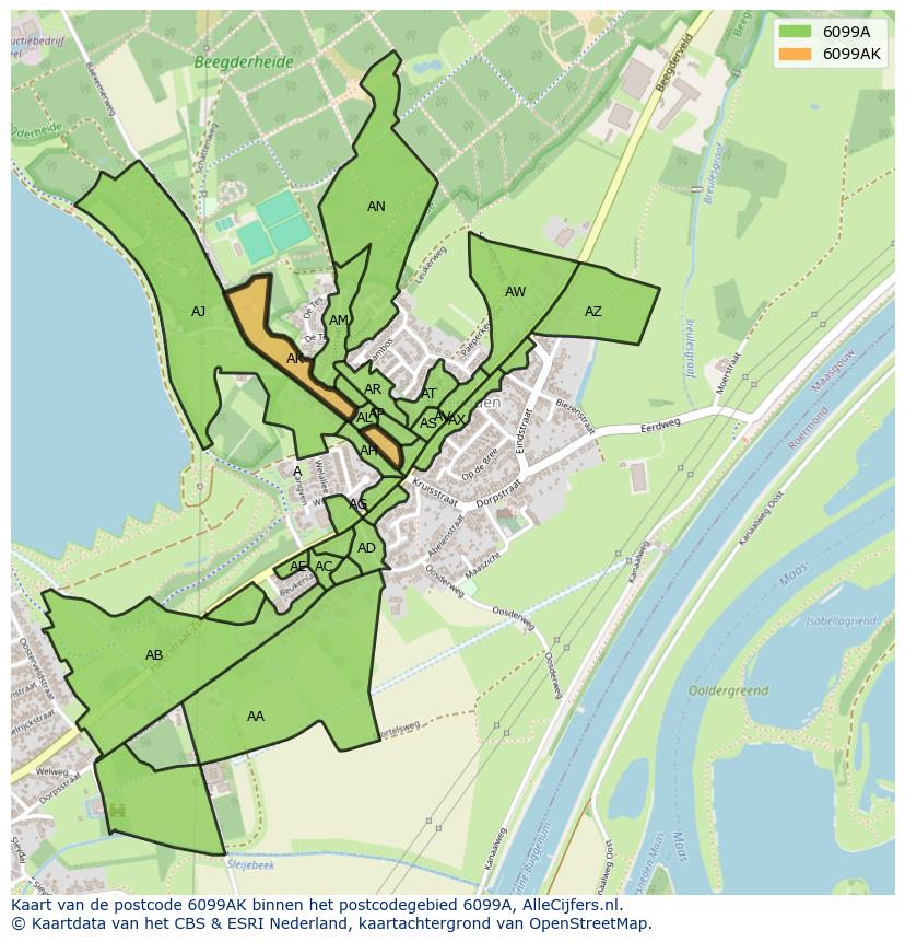 Afbeelding van het postcodegebied 6099 AK op de kaart.