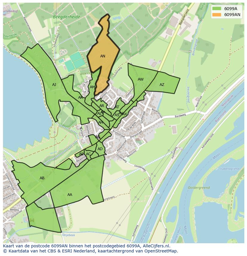 Afbeelding van het postcodegebied 6099 AN op de kaart.