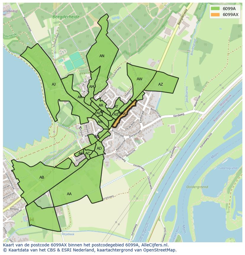 Afbeelding van het postcodegebied 6099 AX op de kaart.