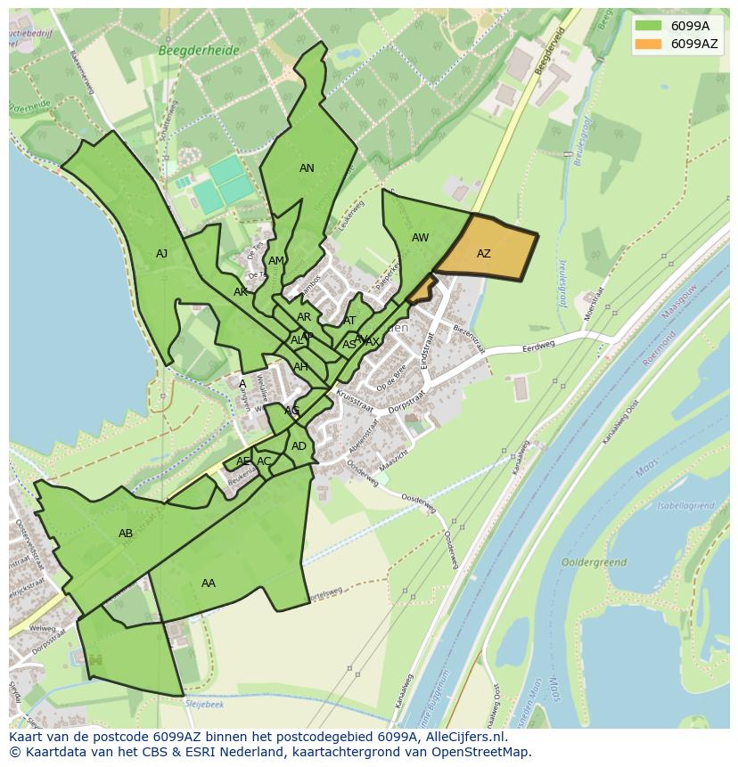 Afbeelding van het postcodegebied 6099 AZ op de kaart.