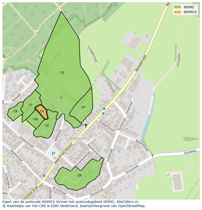 Afbeelding van het postcodegebied 6099 CV op de kaart.
