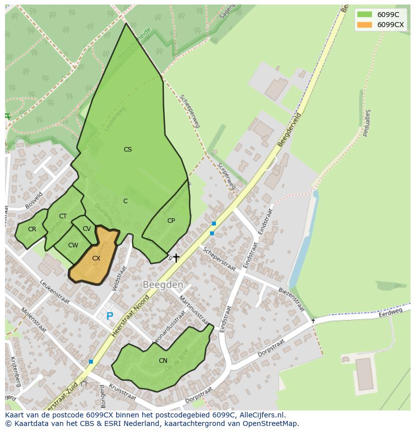 Afbeelding van het postcodegebied 6099 CX op de kaart.