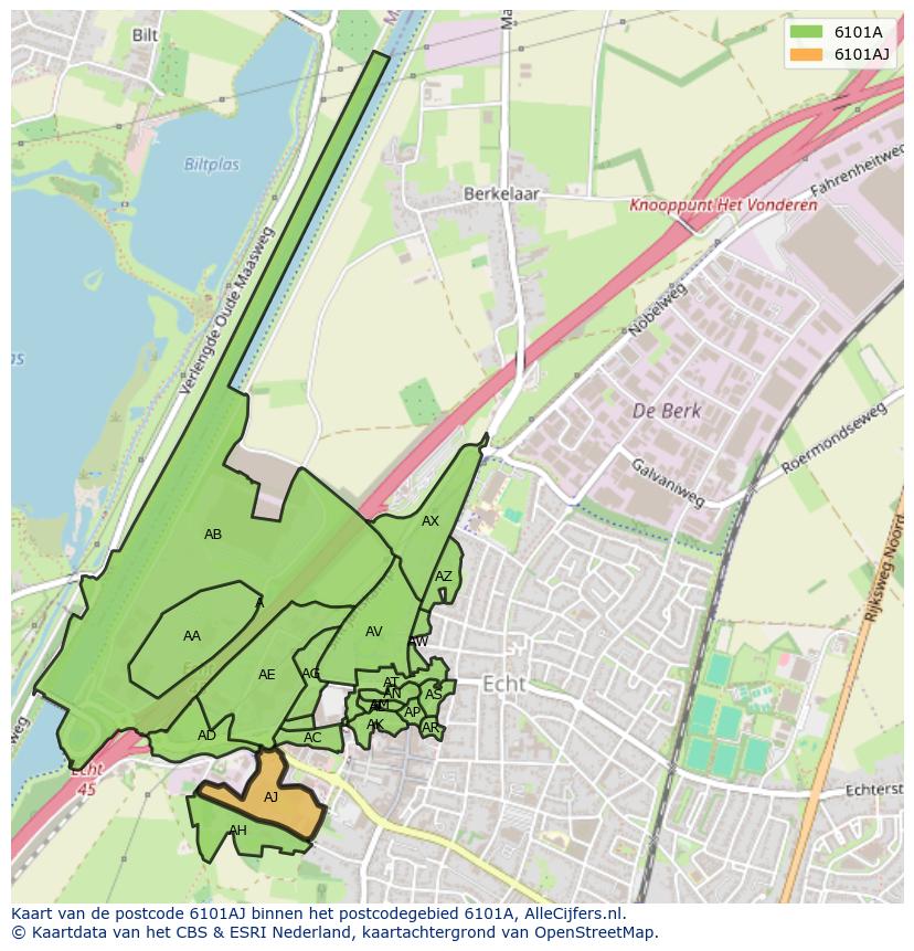 Afbeelding van het postcodegebied 6101 AJ op de kaart.