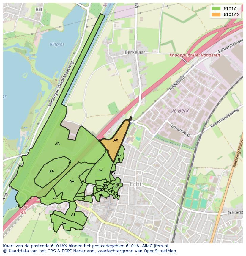 Afbeelding van het postcodegebied 6101 AX op de kaart.