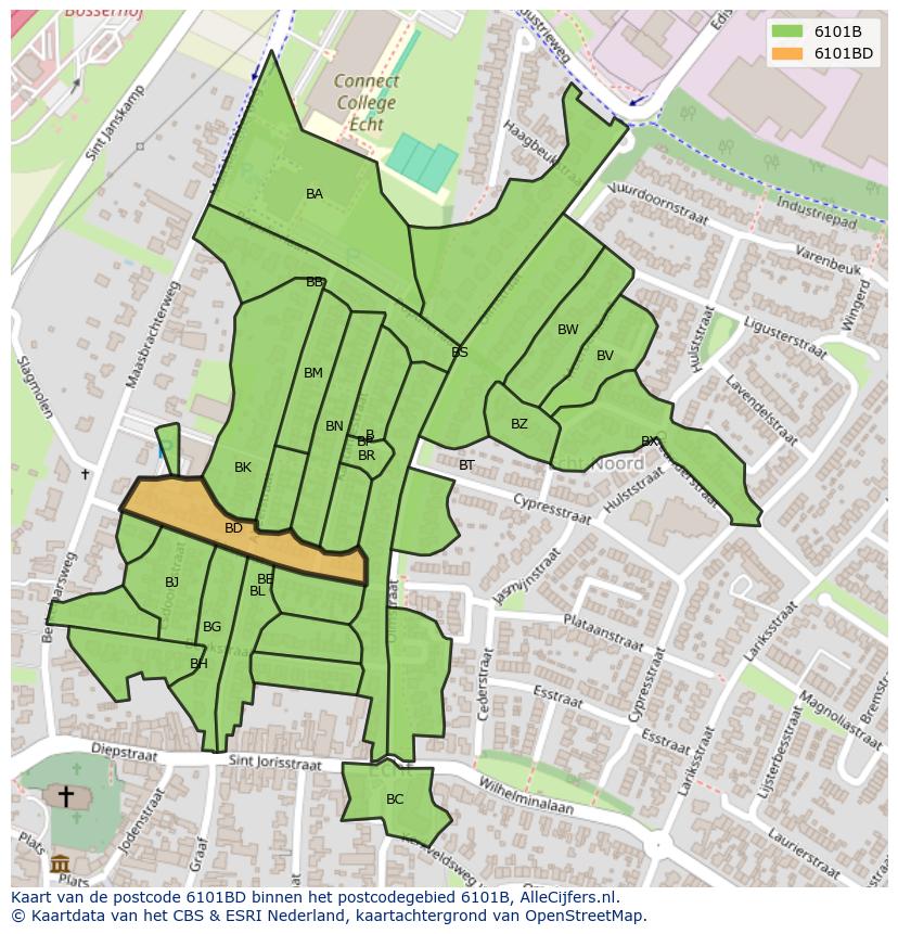 Afbeelding van het postcodegebied 6101 BD op de kaart.