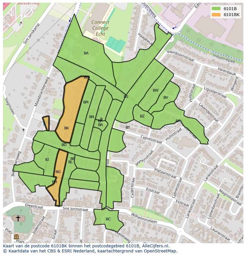 Afbeelding van het postcodegebied 6101 BK op de kaart.