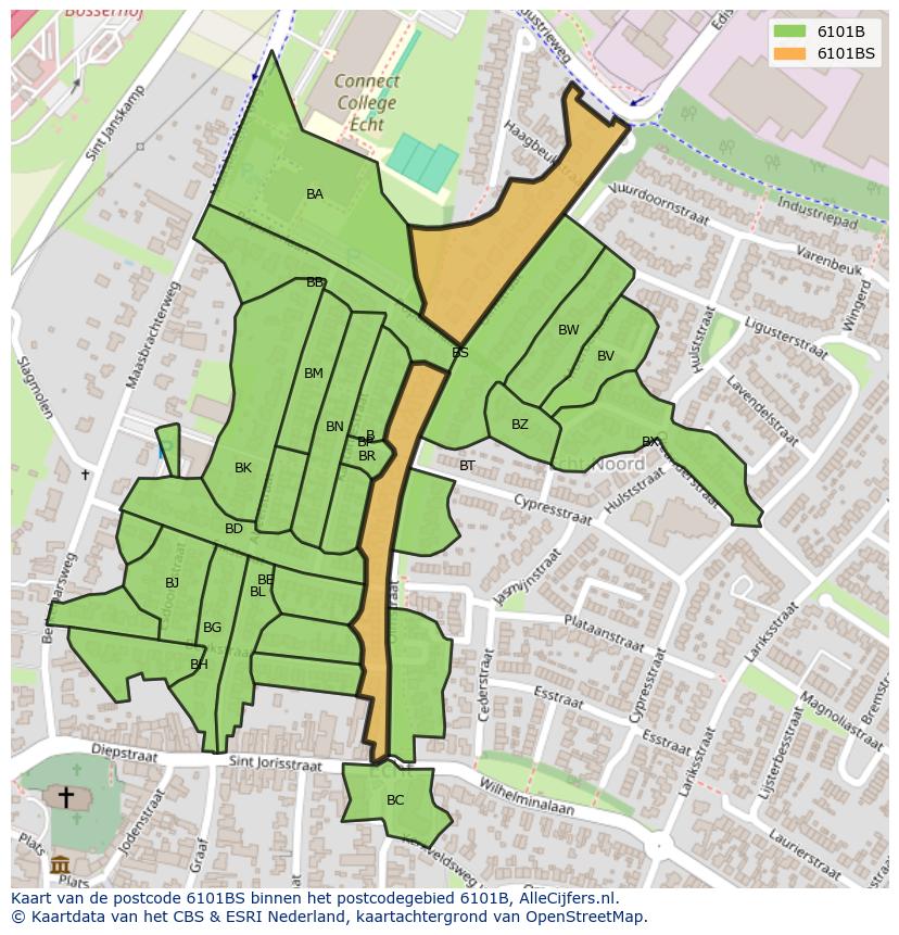 Afbeelding van het postcodegebied 6101 BS op de kaart.