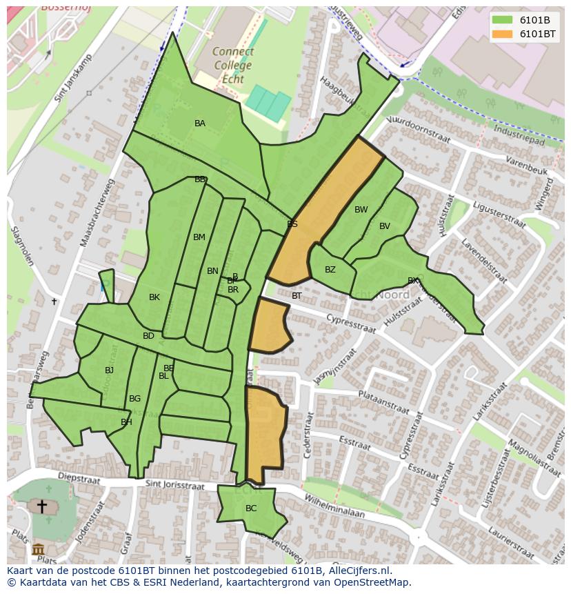 Afbeelding van het postcodegebied 6101 BT op de kaart.