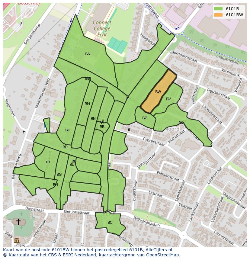 Afbeelding van het postcodegebied 6101 BW op de kaart.