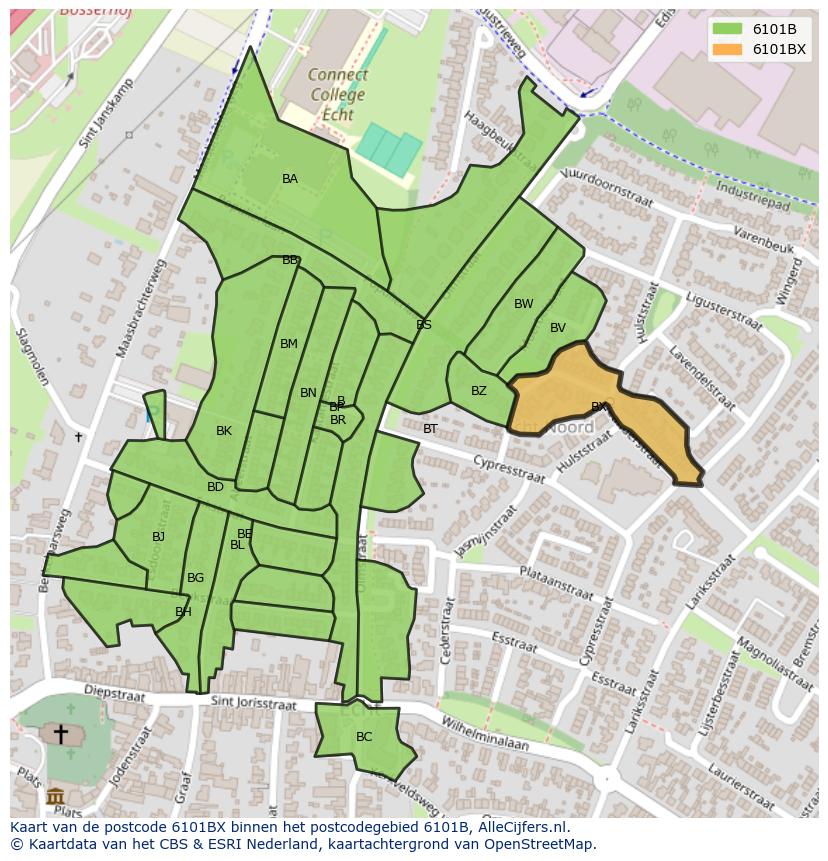Afbeelding van het postcodegebied 6101 BX op de kaart.