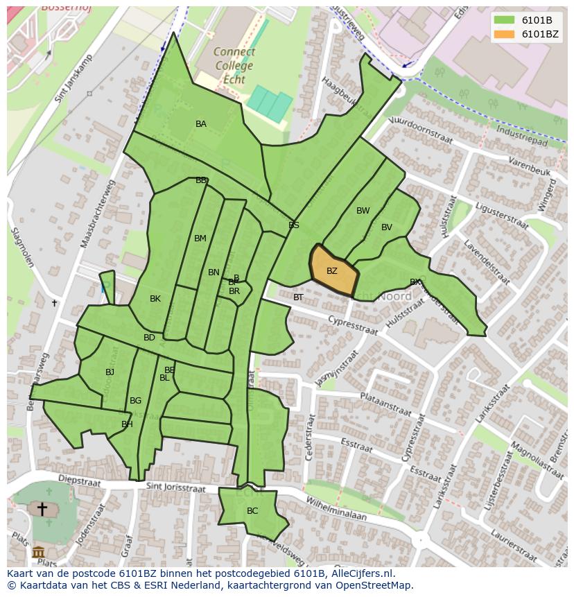 Afbeelding van het postcodegebied 6101 BZ op de kaart.