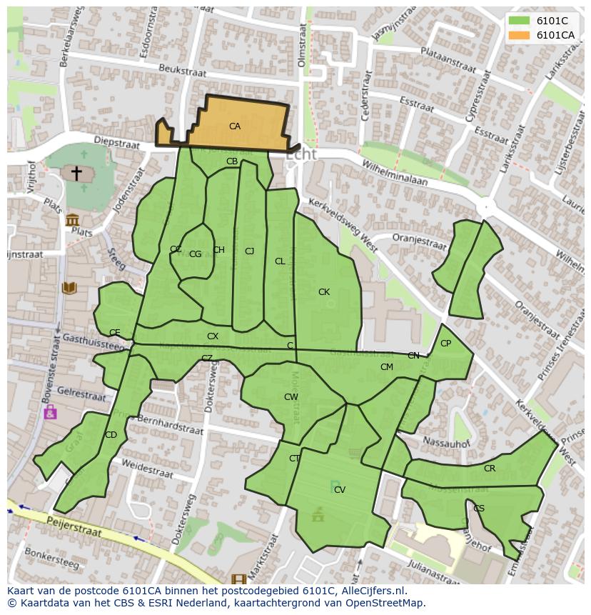 Afbeelding van het postcodegebied 6101 CA op de kaart.