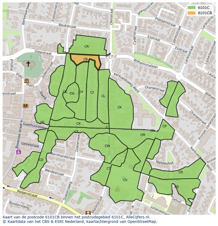 Afbeelding van het postcodegebied 6101 CB op de kaart.