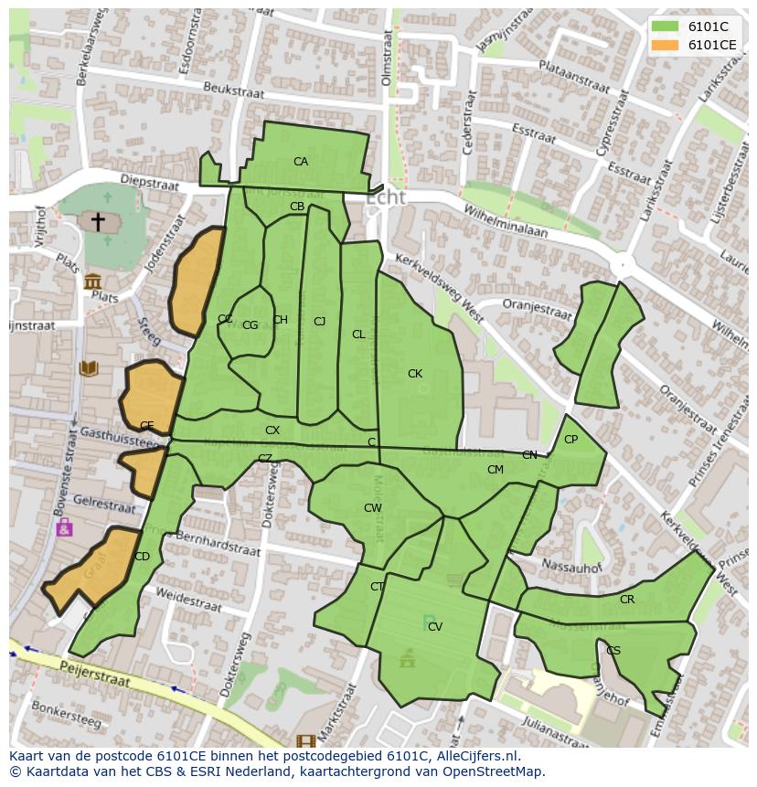 Afbeelding van het postcodegebied 6101 CE op de kaart.
