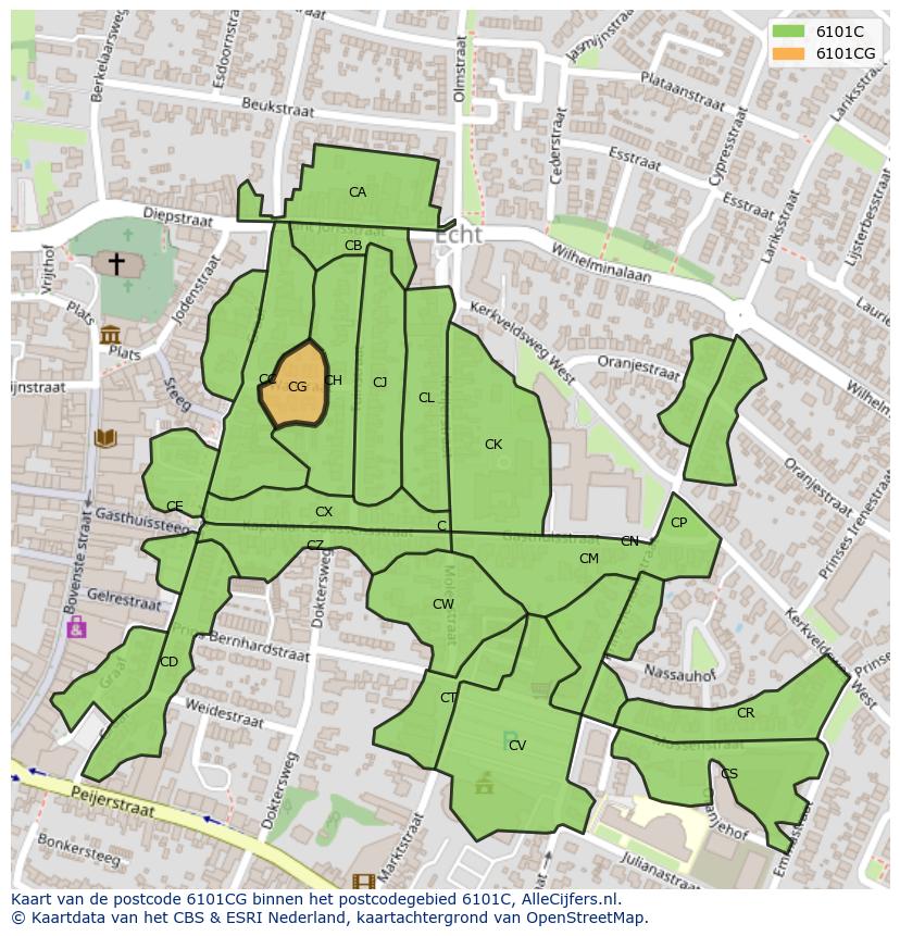 Afbeelding van het postcodegebied 6101 CG op de kaart.