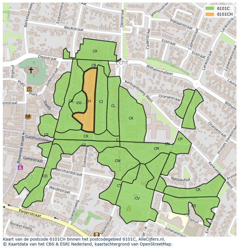 Afbeelding van het postcodegebied 6101 CH op de kaart.