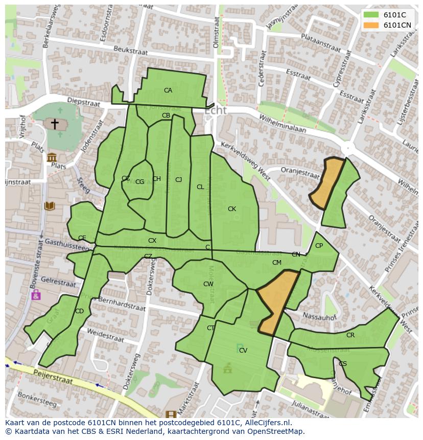 Afbeelding van het postcodegebied 6101 CN op de kaart.