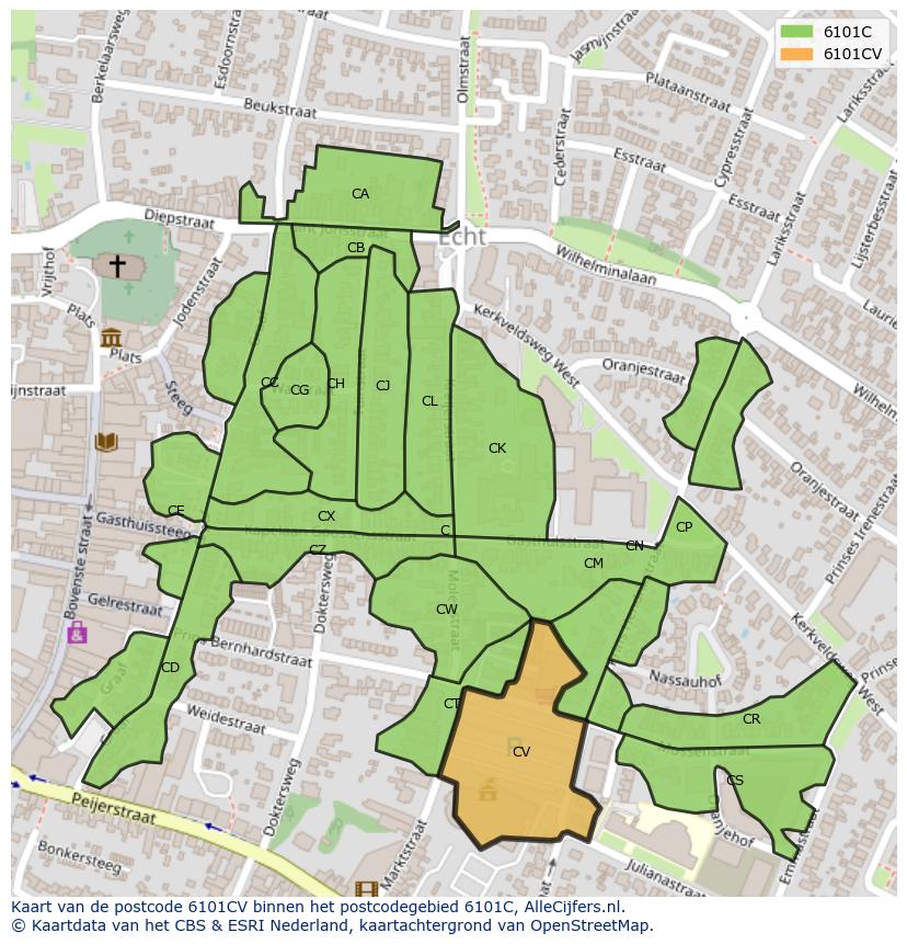 Afbeelding van het postcodegebied 6101 CV op de kaart.